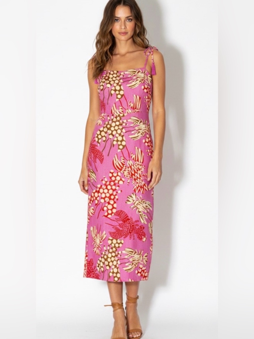 NEW Rachel Zoe Linen Lobster Midi Dress Medium Pink Beaded‎ Tassel Sleeveless
